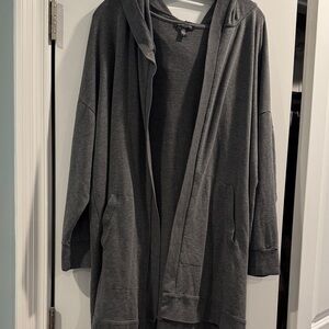Eileen Fisher Woman Gray Knit Top/long duster with hood + pockets. Good cond.
